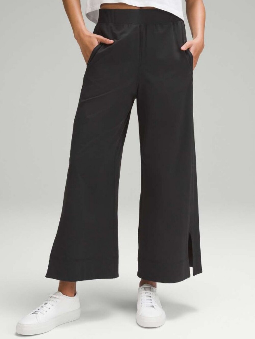 Lulu Stretch Woven Wide-Leg High-Rise Cropped Pants Nulu Fabric Black Size Small
